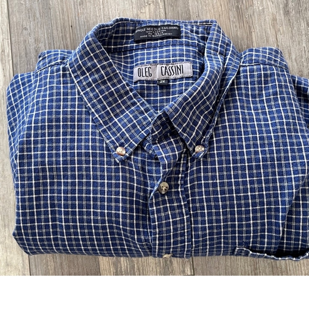 Oleg Cassini Men's Blue‎ Plaid Long Sleeve Button Down Shirt Size 2X 100% Cotton